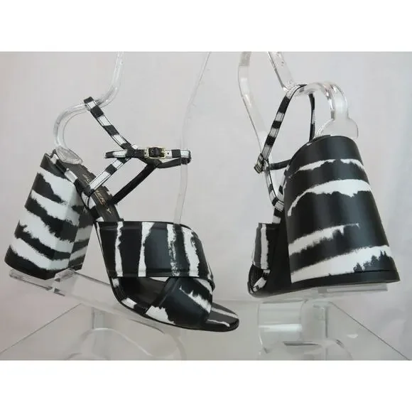NIB BURBERRY CASTLEBAR BLACK WHITE LEATHER BUCKLE STRAP SANDAL PUMPS 38 ITALY